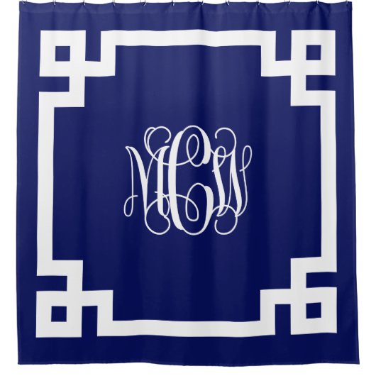 Navy White Vine Monogram DIY BG & Grieks Key Lijst Douchegordijn (Voorkant)