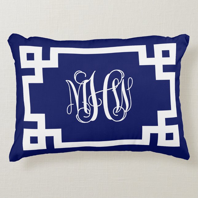 Navy White Vine Script Monogram Griekse sleutel DI Accent Kussen (Creator heeft geüpload)