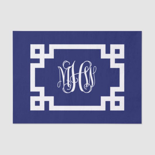 Navy White Vine Script Monogram Griekse sleutel DI Tissuepapier (Voorkant)