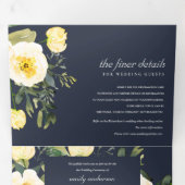 NAVY WHITE YELLOW PEONY FLORAL WATERVERF WEDING DRIELUIK UITNODIGING (Binnenzijde eerst)