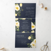 NAVY WHITE YELLOW PEONY FLORAL WATERVERF WEDING DRIELUIK UITNODIGING (Binnen)