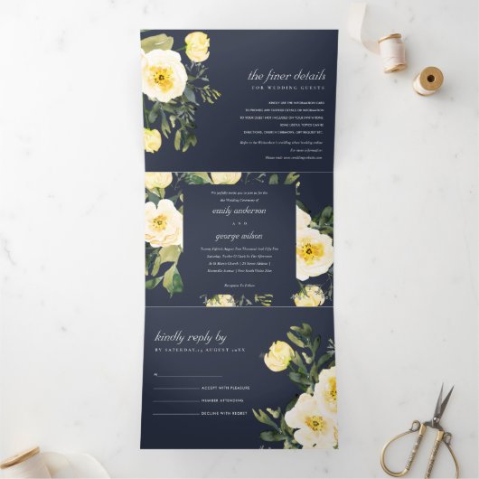 NAVY WHITE YELLOW PEONY FLORAL WATERVERF WEDING DRIELUIK UITNODIGING (Binnen)