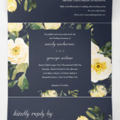 NAVY WHITE YELLOW PEONY FLORAL WATERVERF WEDING DRIELUIK UITNODIGING (Binnenkant midden)