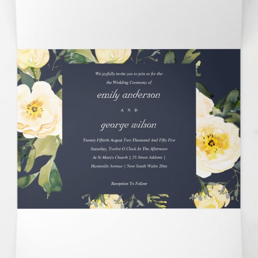 NAVY WHITE YELLOW PEONY FLORAL WATERVERF WEDING DRIELUIK UITNODIGING (Binnenkant midden)