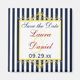 Navy, White, Yellow Stripes, Scrolt Save the Date Magneet