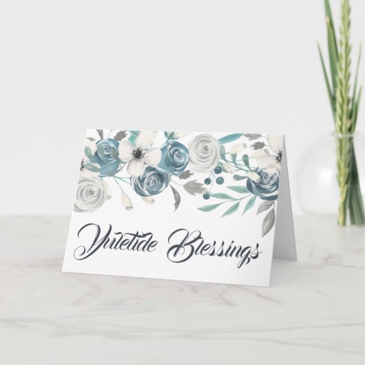 Navy & White Yuletide Blessings Winter Floral Feestdagen Kaart (Voorkant)