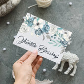 Navy & White Yuletide Blessings Winter Floral Feestdagen Kaart