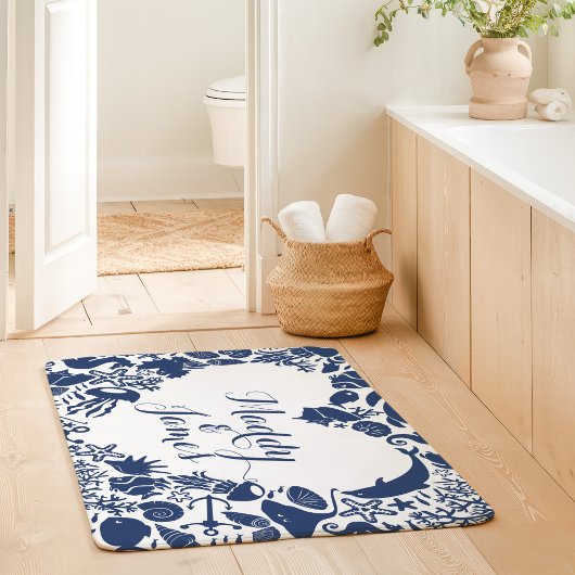 Navy & White Zee Creatures Couples Hart Monogram Badmat