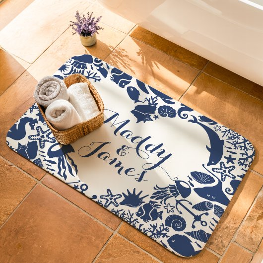 Navy & White Zee Creatures Couples Hart Monogram Badmat