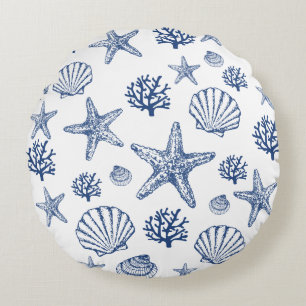Navy White Zee Shell Patroon Kustontwerp Rond Kussen