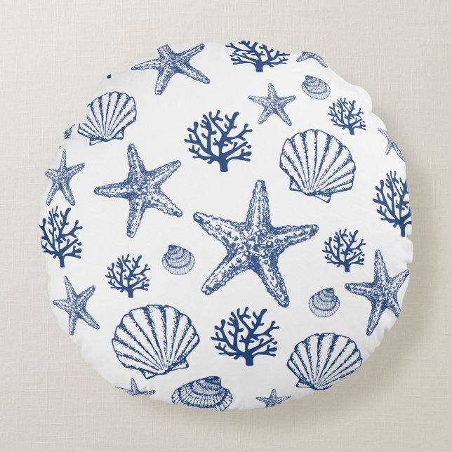 Navy White Zee Shell Patroon Kustontwerp Rond Kussen (Voorkant)