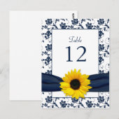 Navy White Zonnebloem Damask Trouwtafel Kaart (Voorkant / Achterkant)