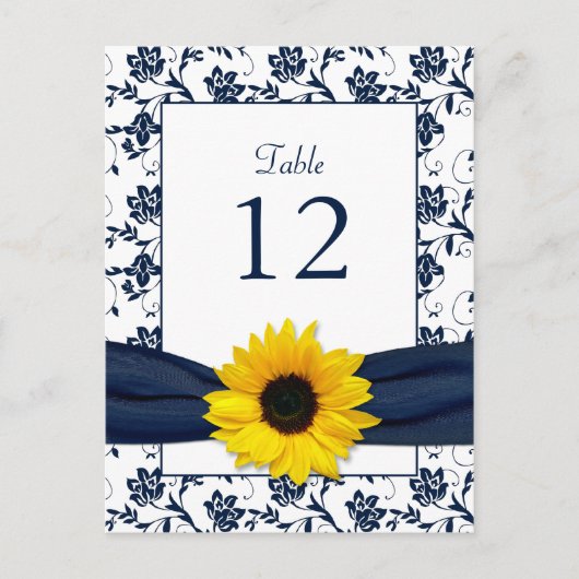 Navy White Zonnebloem Damask Trouwtafel Kaart (Voorkant)
