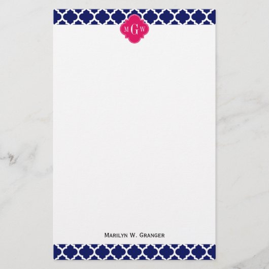 Navy WhMoroccan #5 Raspberry 3 Initiaal monogram Briefpapier (Voorkant)