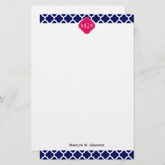 Navy WhMoroccan #5 Raspberry 3 Initiaal monogram Briefpapier (Voorkant / Achterkant)