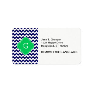 Navy Wht Chevron Emerald Green Quatrefoil Monogram Etiket