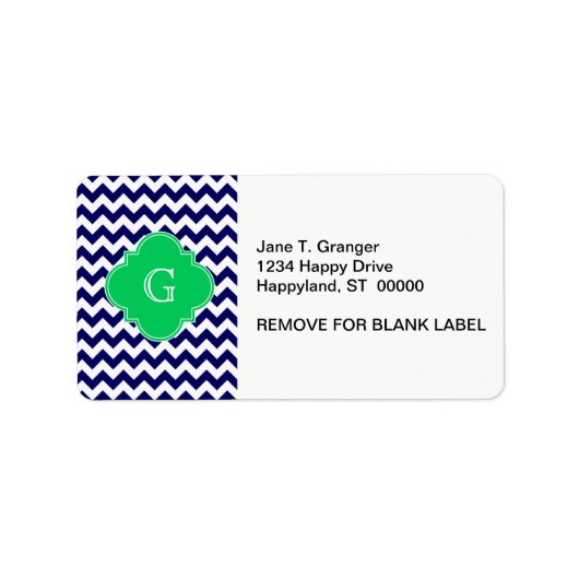 Navy Wht Chevron Emerald Green Quatrefoil Monogram Etiket (Voorkant)