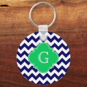 Navy Wht Chevron Emerald Green Quatrefoil Monogram Sleutelhanger (Voorkant)