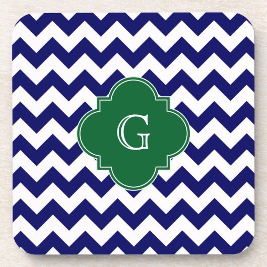 Navy Wht Chevron Forest Green Quatrefoil Monogram Onderzetter (Voorkant)