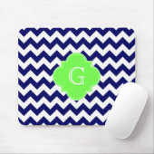 Navy Wht Chevron Lime Green Quatrefoil Monogram Muismat (Met muis)