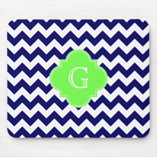 Navy Wht Chevron Lime Green Quatrefoil Monogram Muismat (Voorkant)