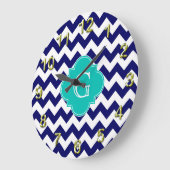 Navy Wht Chevron ZigZag Blauwgroen Quatrefoil Mono Grote Klok (Hoek)
