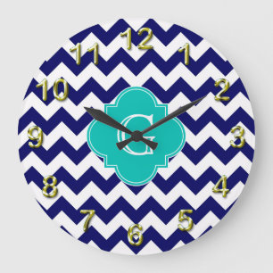 Navy Wht Chevron ZigZag Blauwgroen Quatrefoil Mono Grote Klok