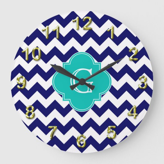 Navy Wht Chevron ZigZag Blauwgroen Quatrefoil Mono Grote Klok (Voorkant)