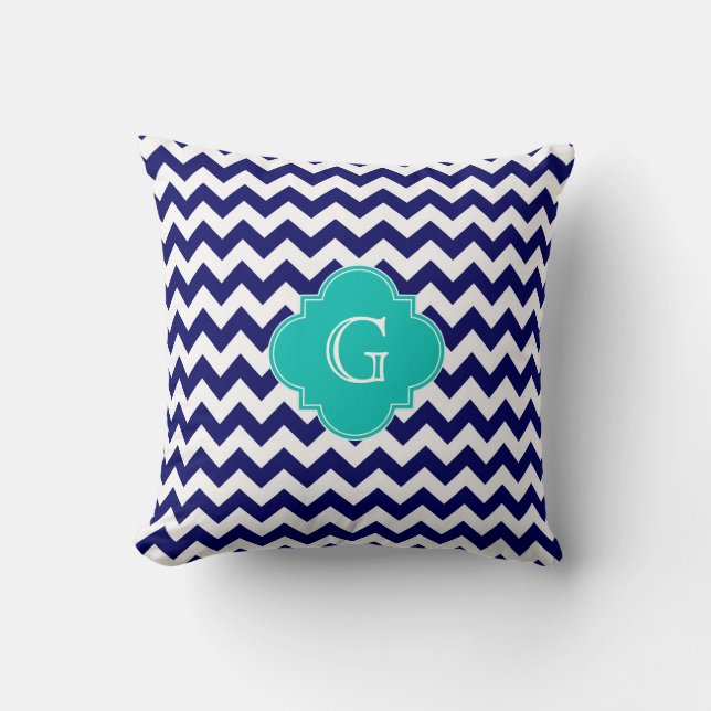 Navy Wht Chevron ZigZag Blauwgroen Quatrefoil Mono Kussen (Voorkant)