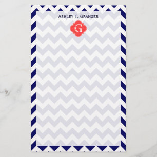 Navy Wht Chevron Zigzag Coral Quatrefoil Monogram Briefpapier