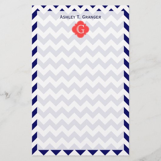 Navy Wht Chevron Zigzag Coral Quatrefoil Monogram Briefpapier (Voorkant)