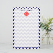 Navy Wht Chevron Zigzag Coral Quatrefoil Monogram Briefpapier (Staand voorkant)