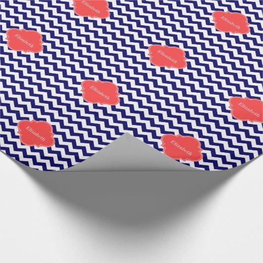 Navy Wht Chevron Zigzag Coral Quatrefoil Monogram Cadeaupapier (Hoek)