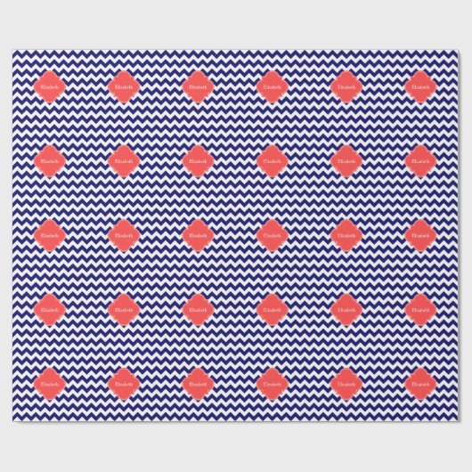 Navy Wht Chevron Zigzag Coral Quatrefoil Monogram Cadeaupapier (Vlak)