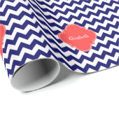 Navy Wht Chevron Zigzag Coral Quatrefoil Monogram Cadeaupapier (Rol Hoek)
