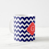 Navy Wht Chevron Zigzag Coral Quatrefoil Monogram Koffiemok (Voorkant links)