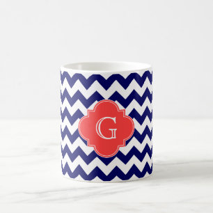 Navy Wht Chevron Zigzag Coral Quatrefoil Monogram Koffiemok