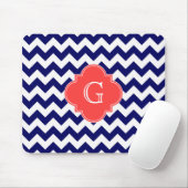 Navy Wht Chevron Zigzag Coral Quatrefoil Monogram Muismat (Met muis)
