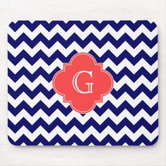 Navy Wht Chevron Zigzag Coral Quatrefoil Monogram Muismat (Voorkant)