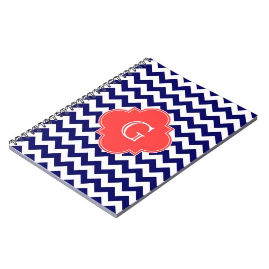 Navy Wht Chevron Zigzag Coral Quatrefoil Monogram Notitieboek (Linkerzijde)