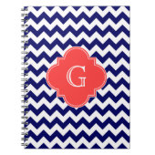 Navy Wht Chevron Zigzag Coral Quatrefoil Monogram Notitieboek (Voorkant)