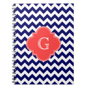 Navy Wht Chevron Zigzag Coral Quatrefoil Monogram Notitieboek