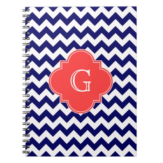 Navy Wht Chevron Zigzag Coral Quatrefoil Monogram Notitieboek (Voorkant)