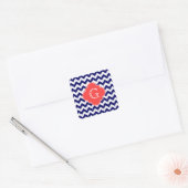 Navy Wht Chevron Zigzag Coral Quatrefoil Monogram Vierkante Sticker (Envelop)