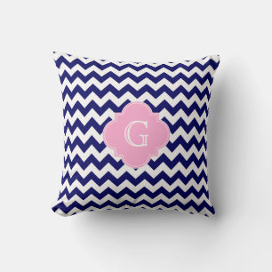 Navy Wht Chevron ZigZag Pink Quatrefoil Monogram Kussen