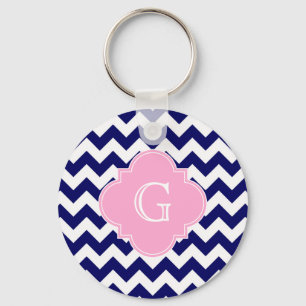 Navy Wht Chevron ZigZag Pink Quatrefoil Monogram Sleutelhanger