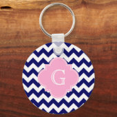 Navy Wht Chevron ZigZag Pink Quatrefoil Monogram Sleutelhanger (Voorkant)