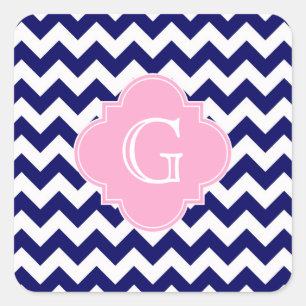 Navy Wht Chevron ZigZag Pink Quatrefoil Monogram Vierkante Sticker