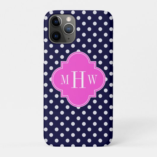 Navy Wht Polka Dot Hot Pink Quatrefoil 3 Monogram Case-Mate iPhone Case (Achterkant)