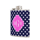 Navy Wht Polka Dot Hot Pink Quatrefoil 3 Monogram Heupfles (Links)